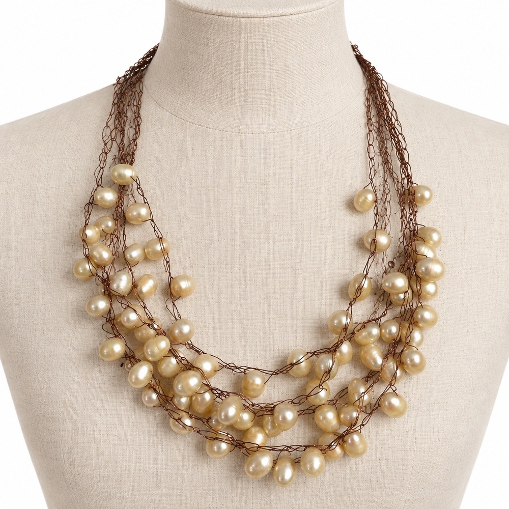 Vintage Freshwater Pearl Multi Strand Necklace Cream Copper Wire Crochet Bib